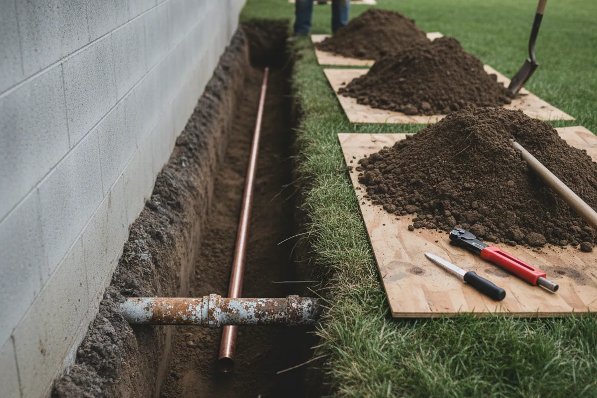 Excavated water line trench during Water Softener Installation in Milford